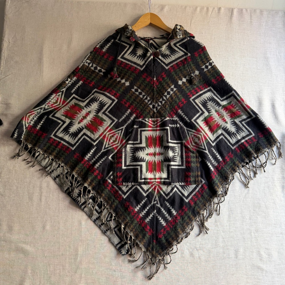 Handmade Nepal Hooded Poncho Tribal Geometric Black Red 100% Wool Boho Boho